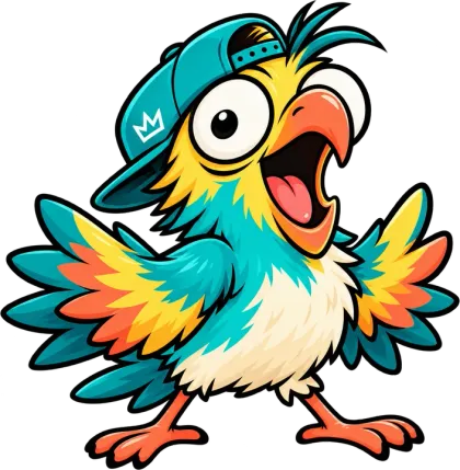 Boo, a teal bird in a backwards cap, squawking with wings spread.